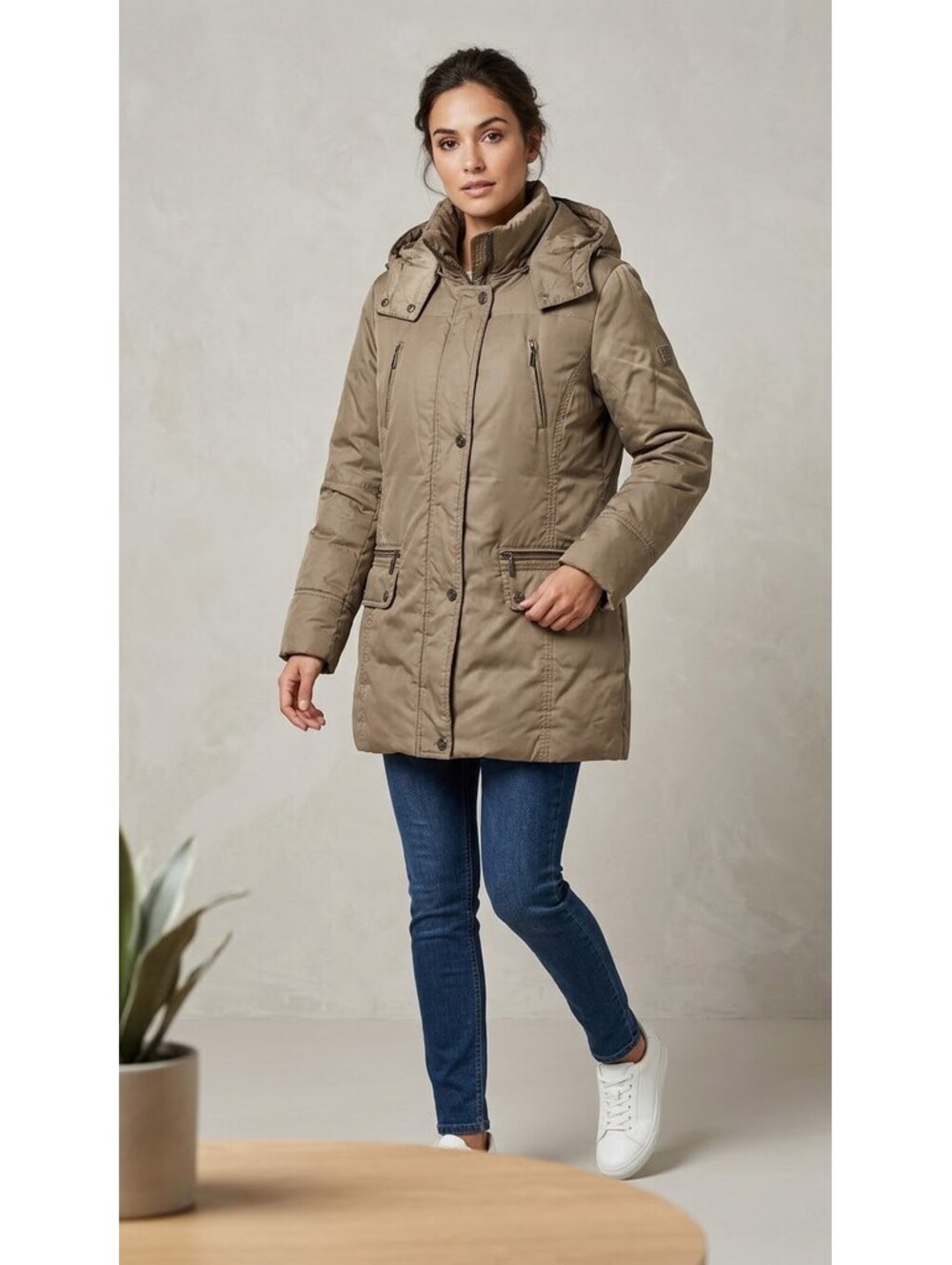 Women's Khaki Puffer Coat with Hood and Multiple Pockets